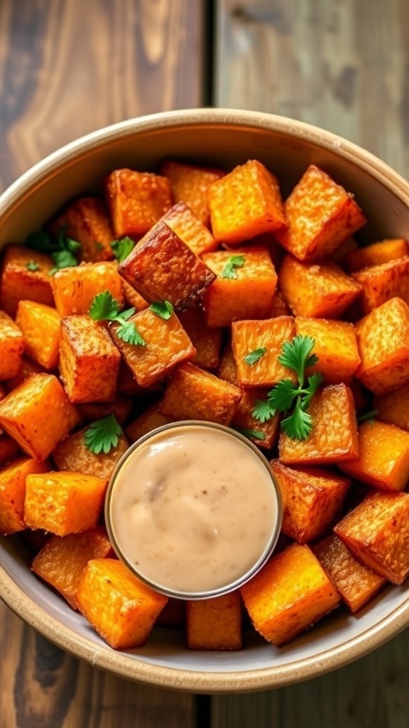 Crispy air-fried sweet potatoes garnished with herbs in a bowl on a wooden table.